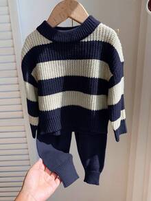 SHEIN 2pcs Baby Boy/Girl Navy And White Striped Sweater And Pants Set,Vintage British Style Raglan Outfit For Matching Family,Modest Casual Autumn Clothes - Multicolor - View 8