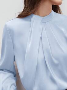 BizChic Top Feminina com Gola Alta Pequena, Design Assimétrico, Decoração Plissada, Ajuste Solto, Top de Manga Longa, Elegante Minimalista Casual para Ir ao Trabalho, Encontro, Uso Diário, Férias, Dia da Independência, Temporada de Formatura, Festival de Música, Emagrecedor, Elegante, Versátil, Premium, Verão, Social, Feriado, Festa, Passeio, Praia, Escritório, Vintage Francês, Fresco - Azul Empoeirado - Visão 8