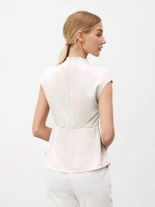 BizChic Spring/Summer New White Ruched Collar & Shoulder Blouse, Elegant Unique Design Shirt For Women, Suitable For Office, Commute, Formal Occasions, Weddings, Parties, Festivals, Concerts - White - View 3