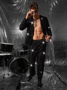 FeverCity Summer Men's Personalized Cut-Out Shiny Long Sleeve Suit Jacket And Pants Set, Party Occasion - Black - View 1