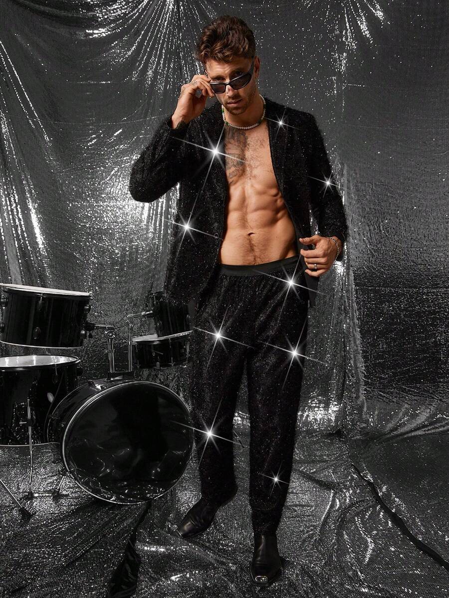 FeverCity Summer Men's Personalized Cut-Out Shiny Long Sleeve Suit Jacket And Pants Set, Party Occasion - Black - View 1