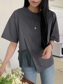 DAZY Women's Summer Solid Color Round Neck Drop Shoulder Casual T-Shirt With Ruffled Hem - Grey - View 7