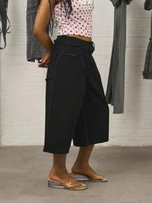 COUREZ 低腰长款宽松牛仔短裤，做旧细节 / Y2K 秋季女装街头复古阔腿裤 - 深色水洗藍 - 查看 2