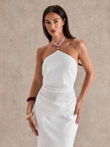 Glamine Women's Bohemian Style White Linen Halter Neck Vacation Top - White - View 4