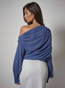 COSMINA Áo cánh ren trang trí hoa 3D trơn màu thanh lịch cho nữ, áo trễ vai, quần áo nữ mùa thu - Màu xanh lam - Xem 3