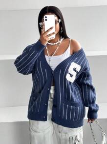 Maweii 大码休闲条纹刺绣开衫 - 藍色 - 查看 2