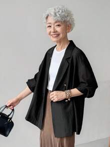 FRIFUL Damen Schwarze einfarbige Loose Fit Lässig Blazer Jacke mit Doppelreiher, Business Outfit