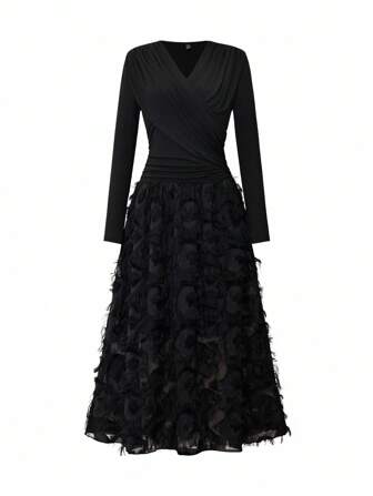 Rafferiza Elegant V-ringad, rynkad och texturerad lapptäcksklänning för semester-/resortkläder