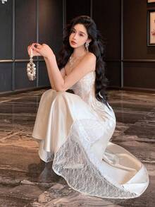 DAZY Chân váy ren ghép mảnh thanh lịch dành cho nữ, mùa thu - Màu be - Xem 6