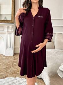 Chiffon Patchwork 3/4 Sleeve Loose V-Neck Cardigan Maternity Loungewear Dress