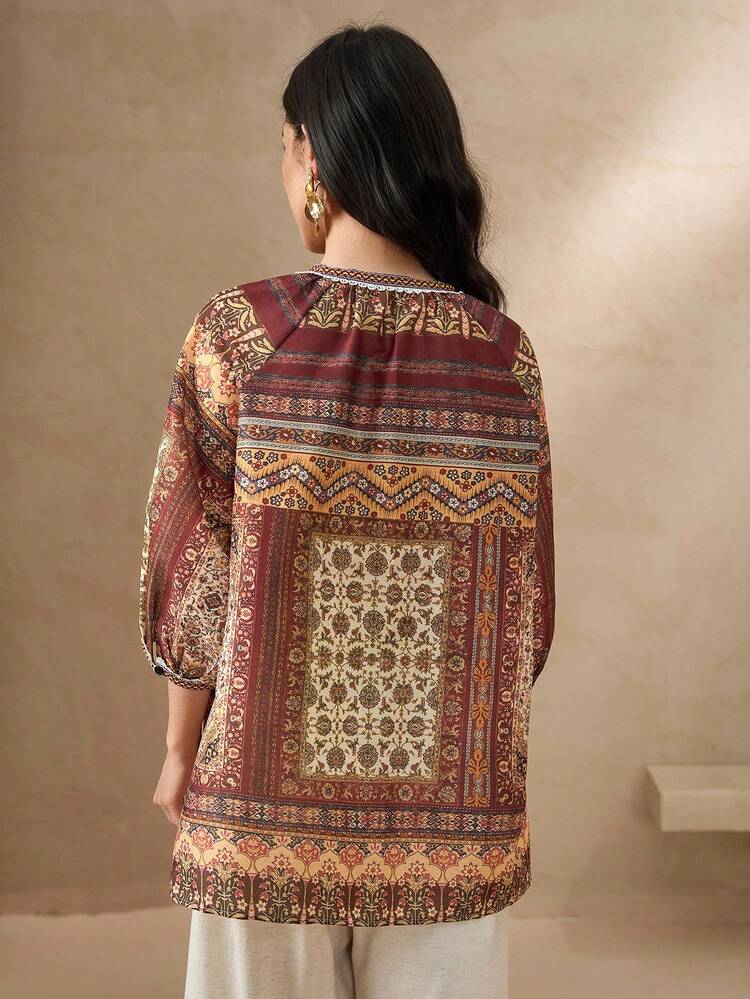 Women's Casual Vacation Style Patchwork Print Raglan Sleeve Loose Blouse, Spring/Summer/Autumn Boho