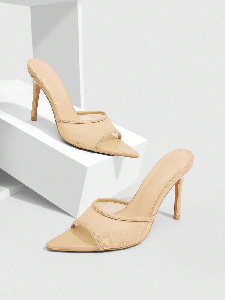 CUCCOO SZL Apricot Mirror Mesh Patchwork Fashionable Sexy Pointed Toe Mule High Heel Sandals For Women