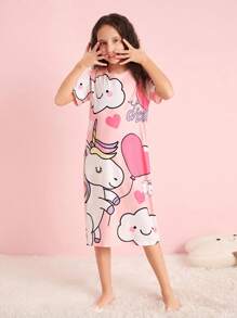 SHEIN Leap Crew Tween Girl Cartoon & Letter Graphic Lounge Dress