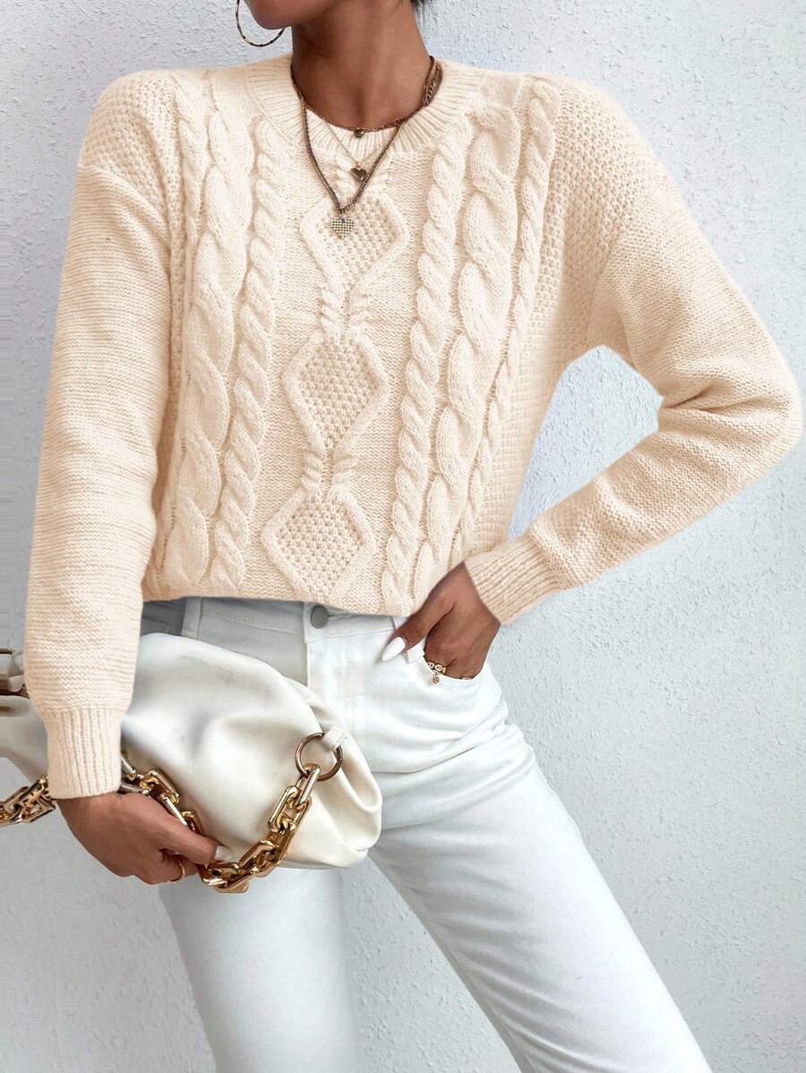 Chiquease Suéter de punto de cable con hombros caídos, parte superior de manga larga de punto, suéter de punto de otoño e invierno - Beis - Ver 1