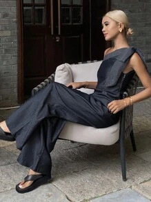 DAZY Women's Summer Asymmetrical Neck Bow Striped Patchwork Sleeveless Top And Loose Casual Wide Leg Pants Two Pieces Vacation Denim Set