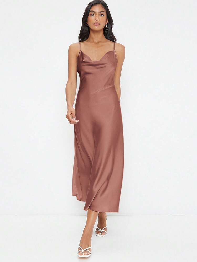 shein silk slip dress BizChic Women's Elegant Satin Slip Dress With Draped Neckline, Long Length,  Suitable For Weddings, Business Casual, Concerts, And Wedding Guest Attire