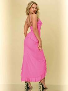 SHEIN BAE Women Solid Color Ruffle Trimmed Side Slit Elegant Spaghetti Strap Dress - Hot Pink - View 2
