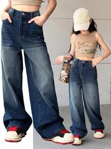 SHEIN 少女时尚休闲Y2K复古酷炫深蓝色牛仔裤，宽松舒适，适合少女日常穿着，柔软舒适，也适合少女夏季和秋季的锐舞派对、音乐节、海滩、街头风、校园风等场合。宽松牛仔裤，Y2K青少年冬季宽松牛仔裤。