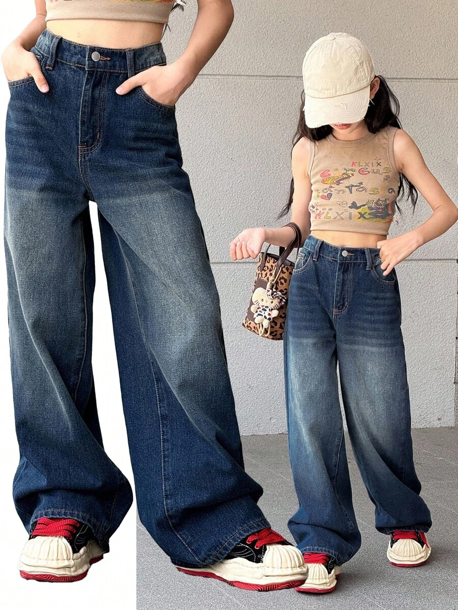 SHEIN 少女时尚休闲Y2K复古酷炫深蓝色牛仔裤，宽松舒适，适合少女日常穿着，柔软舒适，也适合少女夏季和秋季的锐舞派对、音乐节、海滩、街头风、校园风等场合。宽松牛仔裤，Y2K青少年冬季宽松牛仔裤。