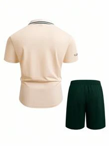 Manfinity Homme 2 件男士休闲马图案短袖 Polo 衫和短裤套装，夏季 - 彩色 - 查看 2