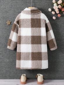 SHEIN Young Girl Young Girl Twims Girl Letter Decor Plaid Knit Casual Fuzzy Jacket,Warm & Comfortable, Fashion Warm Jacket, Suitable For Casual Everyday Wear,Fleece Mid-Length Lapel Collar Long Sleeve Coat For Winter,For Halloween.Back To School Seasom.,Mommy & Sister & Me Matching. Fall - Coffee Brown - View 8