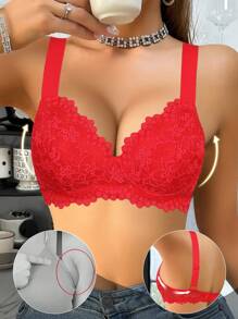 SHEIN 1 件女士日常休闲柔软舒适蕾丝无钢圈文胸，宽肩带，无缝且有支撑力，百搭款式