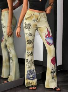 Jeanoix Jeans de campana con estampado de flores, llamas y corazones en degradado, moda versátil y personalizada para mujer