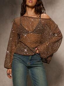 Aloruh Khaki Sequin Sheer Long Sleeve Top, Suitable For Party In Autumn,Fall - Khaki - View 4