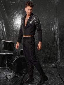 FeverCity Men's High-End Rhinestone Embellished Black Suit Set, 2 Pieces, Suitable For Spring & Autumn - Black - View 6