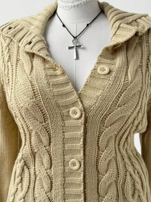 Sunspun Plus Size Women's Collegiate Style Turndown Collar Front Button Knit Cardigan Sweater, Elegant Knit Cardigan Sweater, Suitable For Autumn/Winter Vintage Fall Cloth For Women - Apricot - View 3