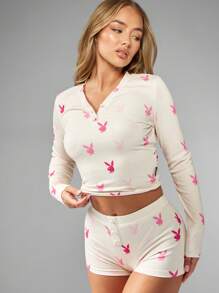 Missguided x Playboy Christmas Ribbed Long Sleeve Top With Matching Shorts - Multicolor - View 6