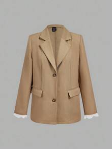 SHEIN MOD 秋冬女士蕾丝拼布夹克和裙装套装 - 卡其色 - 查看 4