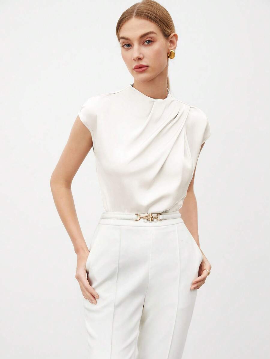 BizChic Spring/Summer New White Ruched Collar & Shoulder Blouse, Elegant Unique Design Shirt For Women, Suitable For Office, Commute, Formal Occasions, Weddings, Parties, Festivals, Concerts - White - View 1