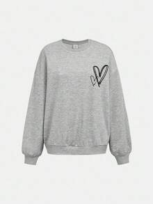 SHEIN Girlism 少女灰色/秋/冬/针织休闲宽松爱心印花卫衣和喇叭裤两件套 - 灰色 - 查看 5