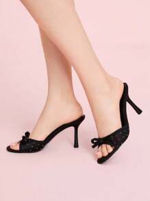 CUCCOO DOLLMOD 女士黑色缎面波尔卡圆点网眼拼布蝴蝶结圆头时尚可爱法式浪漫夏日约会细高跟穆勒凉鞋