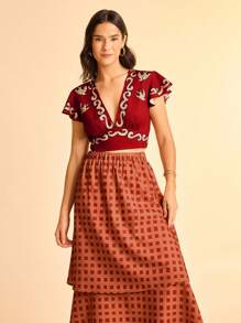 CAJUNI Blusa corta de escote en V de manga corta con estampado tropical divertido y estilo bohemio para vacaciones en la playa - Multicolor - Ver 7
