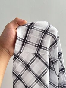 Sunspun Áo sơ mi kẻ caro tay ngắn, thắt eo cỡ lớn thường ngày - Nhiều màu - Xem 7