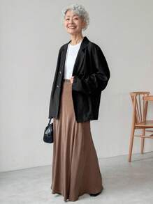 FRIFUL Damen Schwarze einfarbige Loose Fit Lässig Blazer Jacke mit Doppelreiher, Business Outfit