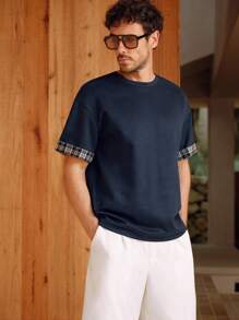 Manfinity BRENVOR 男士春夏欧式时尚格纹拼接双层面料撞色休闲圆领藏青色短袖T恤 - 藏蓝色 - 查看 5