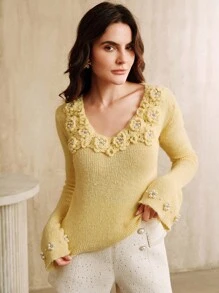 Anewsta 女士优雅针织毛衣，3D 串珠花卉喇叭袖，适合秋冬季外套 - Butter Yellow - 查看 4