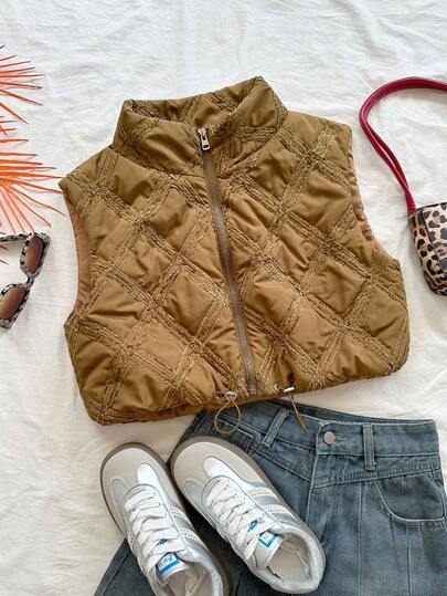 Soleia 女士休闲拉链无袖棉服外套，纹理面料，秋冬