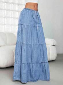 Jeanoix High Waist Denim Skirt, New Summer Ruched Waist Drawstring Casual Maxi Skirt - Light Wash - View 6