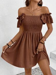 SHEIN Frenchy Vestido casual de mujer de unicolor, con cuello cuadrado, mangas cortas y corte evasé, ideal para vacaciones