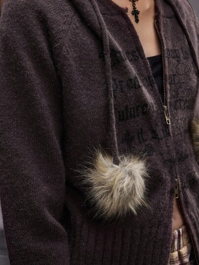 Grunge Punk Vintage Y2K Fuzzy Patchwork Women Knitted Zip-Up Hooded Cardigan