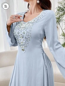 Al Najma Women's Elegant Embroidered & Beaded Arabic Style Long Dress,Modest