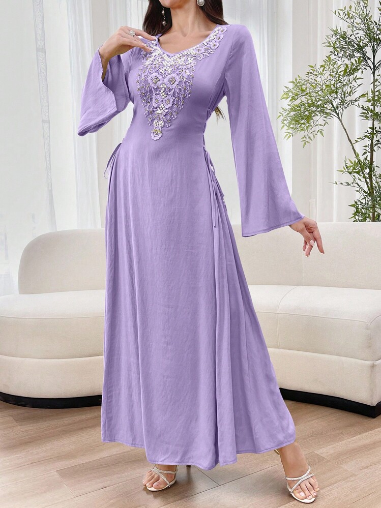 Al Najma Women's Floral Print Decorated Long Sleeve Side Tied Arabian Dress - Purple - View 7