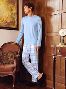 男士纯色长袖上衣和格子长裤睡衣套装 男士睡衣套装 格子睡衣套装 浅蓝色睡衣套装 男士家居服套装 男士睡衣，冬季服装 - 彩色 - 查看 4