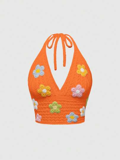 Crochet Floral Halter Neck Vacation Top
