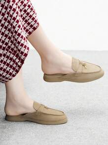 CUCCOO BIZCHIC 女士时尚杏色天鹅绒舒适通勤一脚蹬平底鞋，适合户外、休闲、工作、日常穿着 - 杏色 - 查看 9