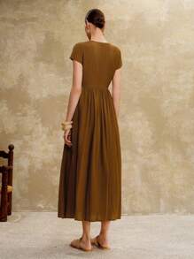 Revavyn Đầm suông nữ chất liệu cotton dệt trơn sọc cổ tròn tay ngắn cạp chun, viền loe, thanh lịch, thích hợp mặc khi hẹn hò, đi nghỉ, dã ngoại, đi làm vào mùa hè và mùa thu - Màu xanh Ô liu - Xem 3